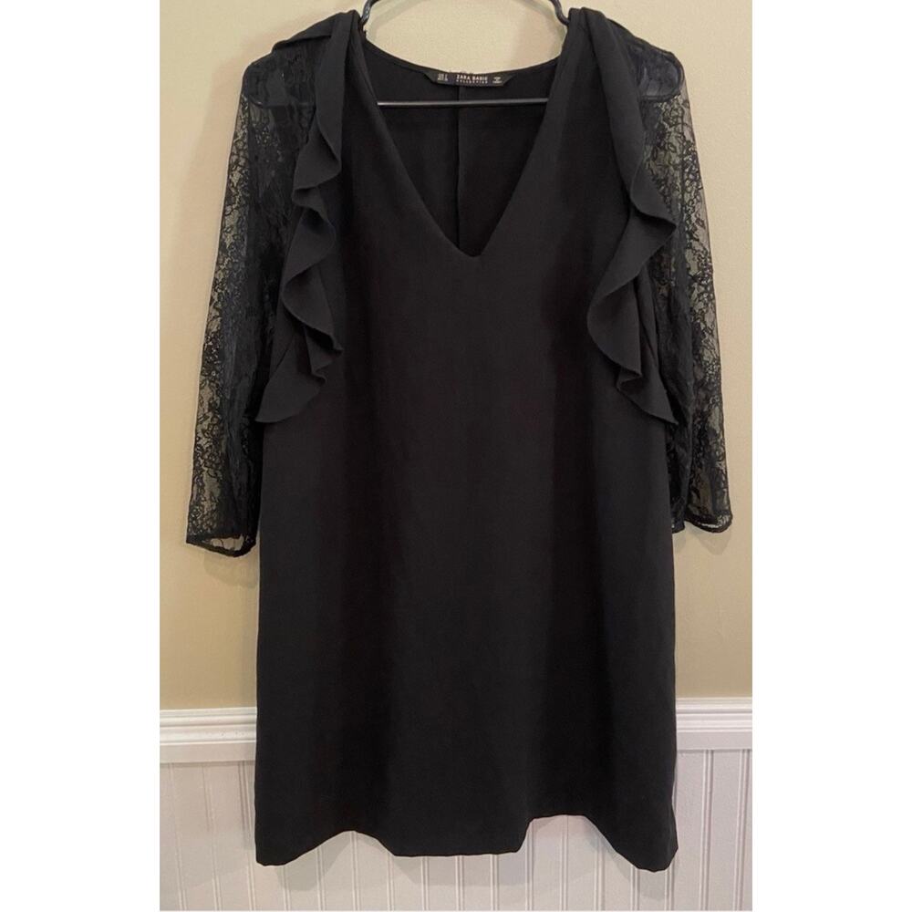 ZARA Basic Lace Sleeve Mini Dress Size Large Black V Neck Straight Lightweight